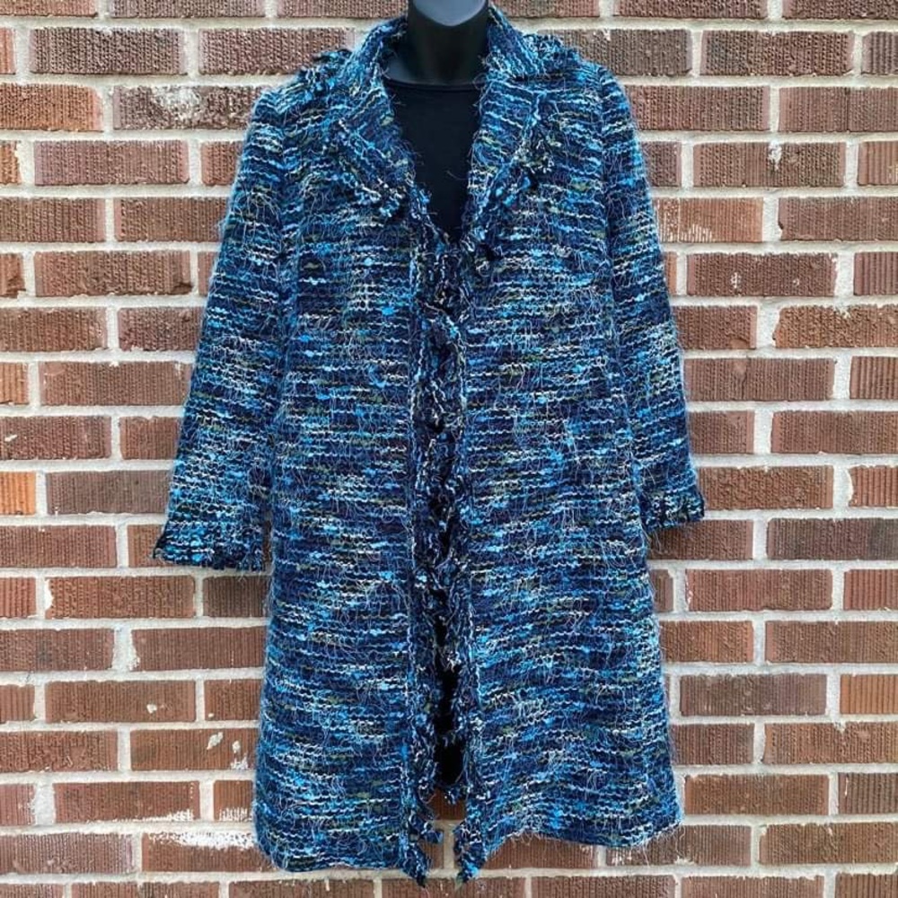Laura Ashley Blue Multi Bounce Fringe Trim Fuzzy Cardigan Sweater Coat Size S